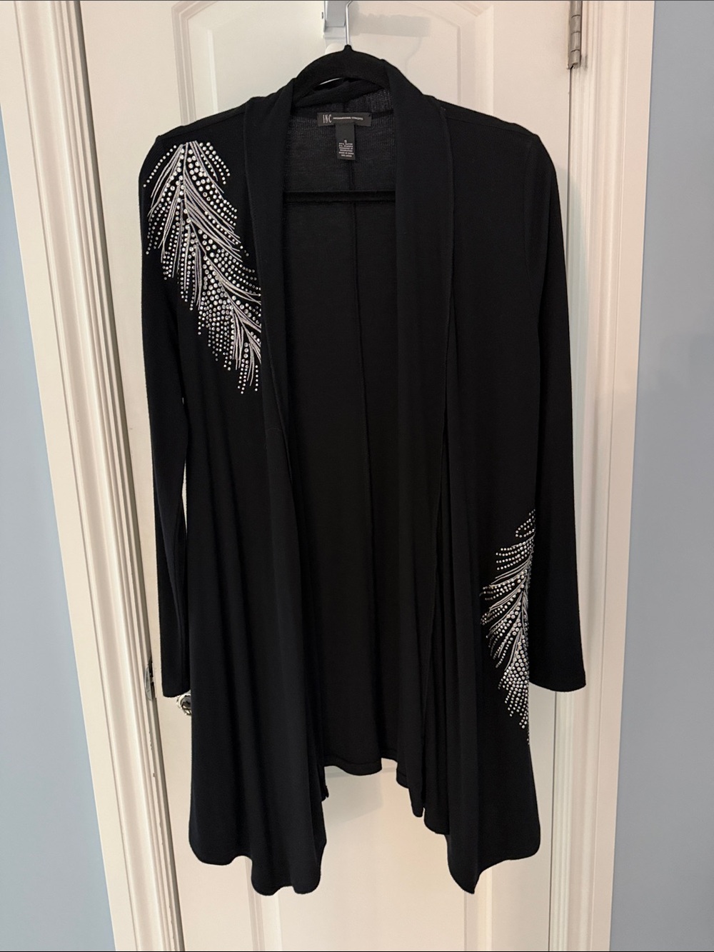 INC Black Rhinestone Feather Open Front Draped Cardigan Size S